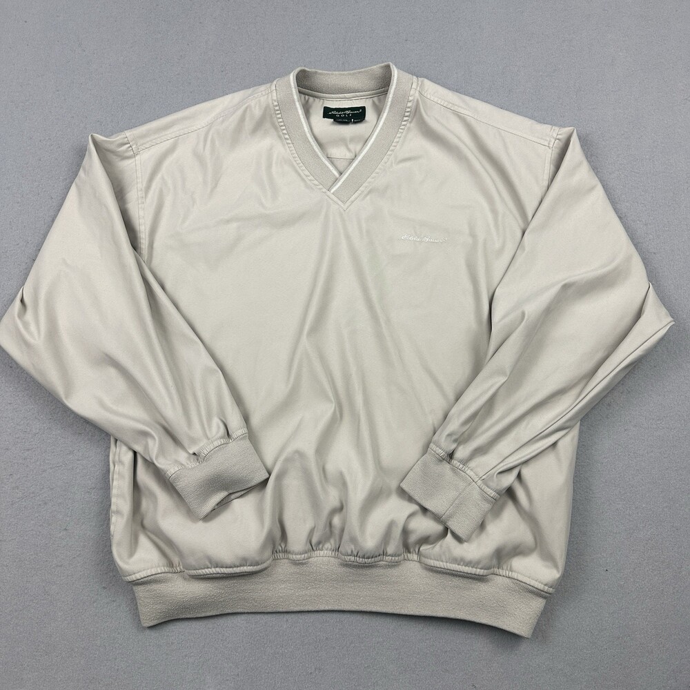 Eddie Bauer Golf Jacket Men Large Beige Solid Windbreaker V-Neck Pullover L